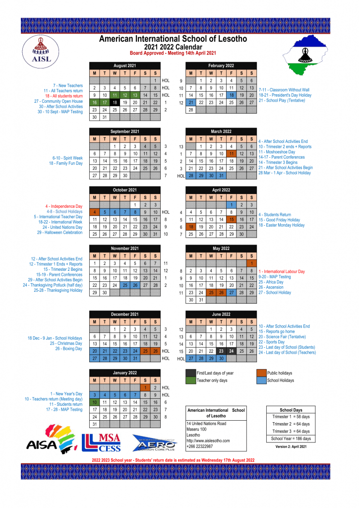 Calendar-2021 – 2022 | American International School of Lesotho